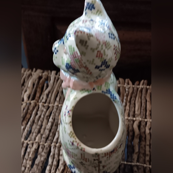 Vintage Ceramic Cat Pottery Patchwork CalicoPlanter utensil pencil holder - Picture 3 of 8
